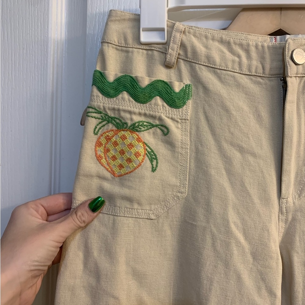 BDG Urban Outfitters Joey Cream Straight Leg Fruit Embroidered Mid Rise Pants - Picture 5 of 6